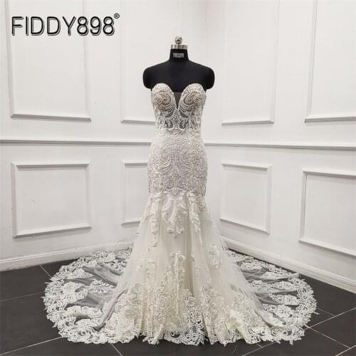 FIDDY898 Luxury New Wedding Bride Gown Mermaid Strapless Lace Sleeveless Bridal Dresses Vestidos De Novia Backless Hand Made