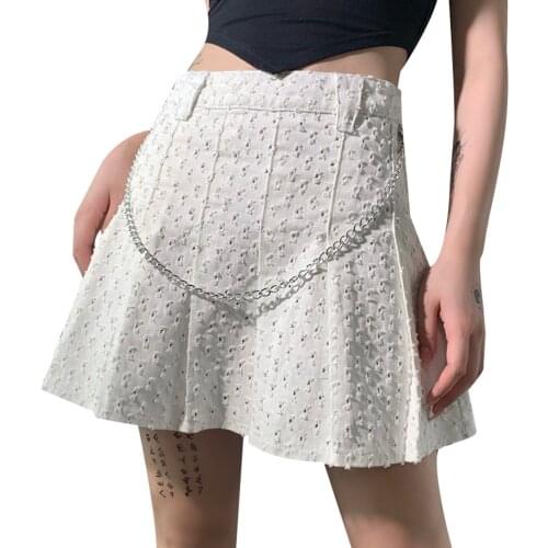Womens Mini Pleated Skirt High Waist Zip Up Ripped A-Line Denim Skirt with Metal Chain