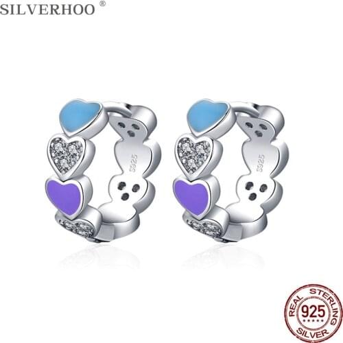 SILVERHOO 100% 925 Sterling Silver Trendy Clear CZ Heart Enamel Rainbow Color Hoop Earrings For Women 2021 New Female Jewelry