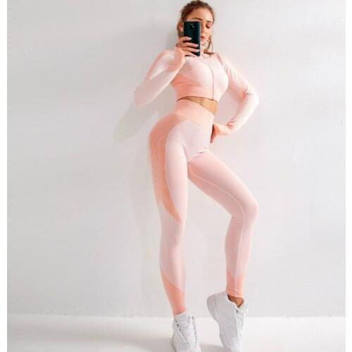 Women Yoga Set Gym Workout Clothes Crop Top Long Sleeve Zipper Front Seamless Tight High Waist Design