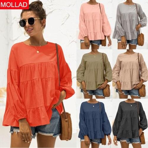 2021 Spring/Summer Autumn New Solid Color round Neck Lantern Long Sleeve Wide Hem Loose Top