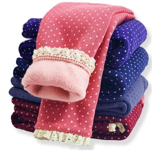 Girls Winter Leggings Lace Polka Dots Cute Thick Plus Velet Elastic Waist Slim Fit Baby Pants Soft And Warm Trouser For Childrem