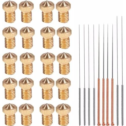 Printer 20 PCS M6 3D Nozzles with 10PCS Cleaning Needles Kit, V6 V5 Brass Exruder Nozzle Print Head for E3D Makerbot