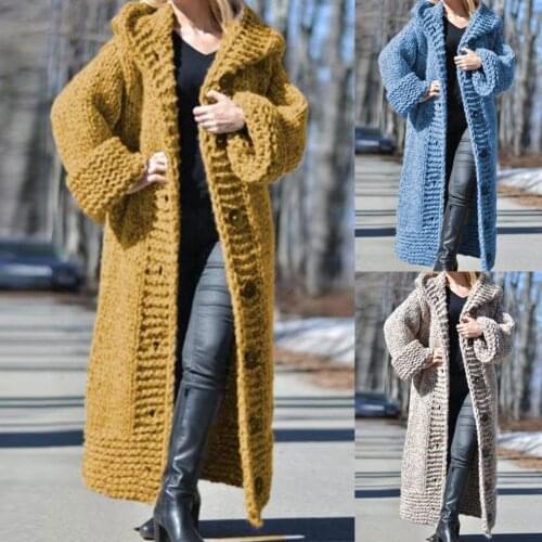 2020 Women Winter Buttons Cardigan Long Sleeve Hooded Mid-length Knit Sweater Coat Womens Clothing женская куртка femme veste