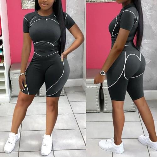 3 Colors Women Summer Sport Suit Set Female Line Pattern Print Round Neck Short Sleeve Tops+Short Pants Casual Outfits