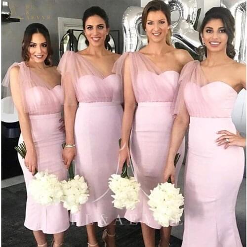 Illusion Pink Satin Mermaid Bridesmaid Dresses Sweetheart Tea-length Wedding Party Gowns Plus Size Women Occasion Dresses