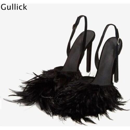 Summer Fashion Black Feathers Sandals Woman Sexy High Heels Ankle Buckles Design Elegant Female Dress Shoes Women Sandals