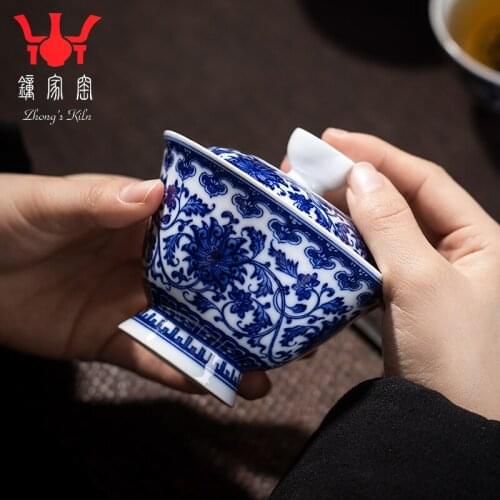 Jingdezhen hand painted blue and white firewood kiln tangzhilian ceramic bowl Sancai cup tea making bowl tea set