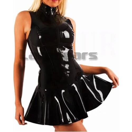 Handmade Sleeveless Latex One Piece Dress Exotic A-Line Rubber Skirt with Front Zipper