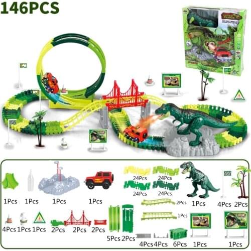 Dinosaur Track Toy Assembly Race Track Building Block Track Playset Track Car Toy with 1 Car Road Sign Simulation Scene