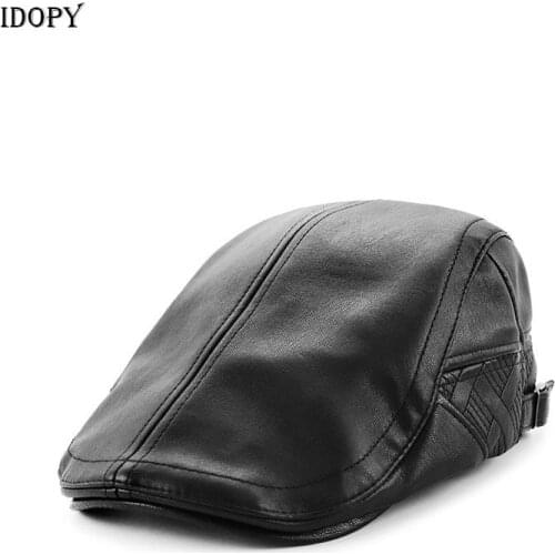 Idopy Men`s Faux Leather Newsboy Caps Black Classic Adjustable 56-60cm PU Ivy Irish Berets For Male