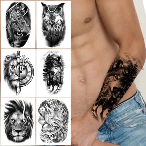 Forest Wolf Temporary Tattoo For Men Women Adult Kids Compass Fake Lion Tattoos Sticker Owl Black Fox Flower Tatoos Waterproof