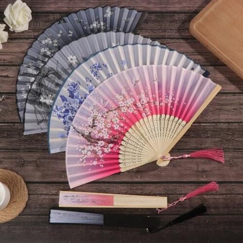 New 1PC Retro Chinese Japanese Silk Bamboo Folding Fan Home Decoration Ornaments Floral Painting Hand Held Fans Dance Party