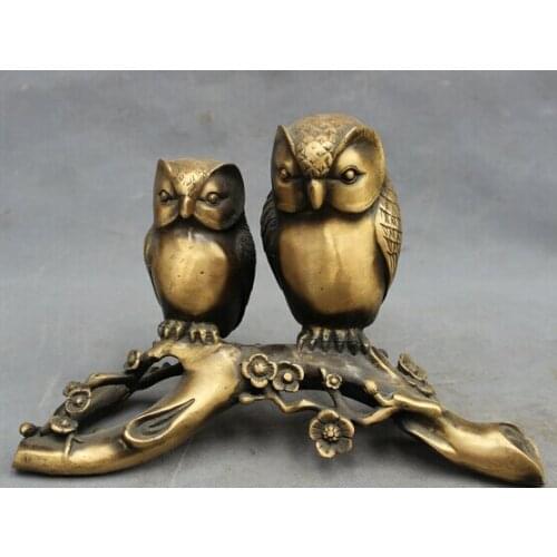 Wholesale factory 10" Folk China Bronze Home Wealth Bird 2 Owl On Club Tree Statue Sculpture Set