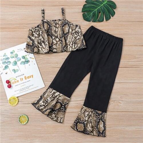1-4 Years Toddler Baby Girls Casual Summer Clothes Sets Snake Printed Sling Sleeveless Tank Tops + Patchwork Print Flare Pant