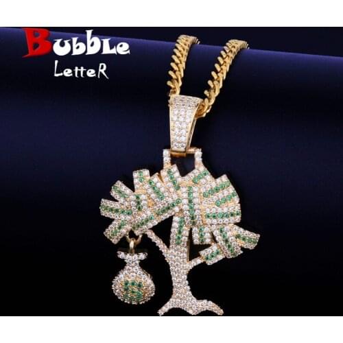 US Dollar MoneyTree Pendant Necklace & Pendant Gold Color Cubic Zircon Mens Hip Hop Jewelry