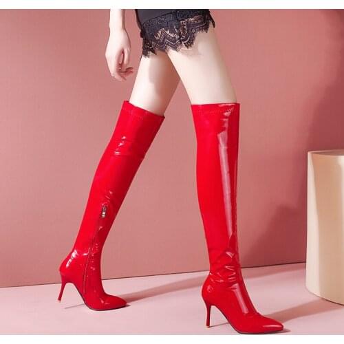 Pointed Stiletto Sexy Shiny Patent Leather Over-The-Knee Boots Zipper Super High Heel Short Plush Plus Size Womens Long Boots