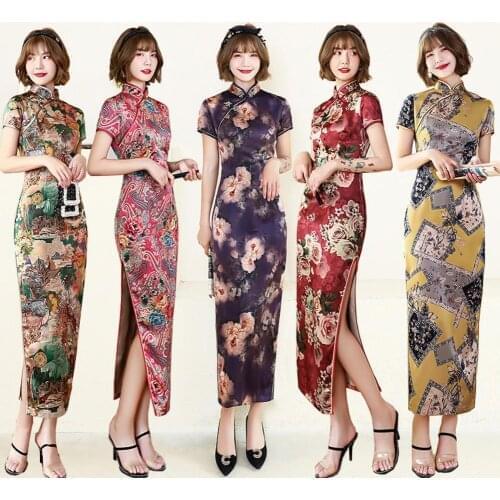 Chinese Traditional Dress Flower Print Elegant Short Sleeve Cheongsam Midi Dress for Women Sexy Side Split Slim Dress Cheongsam