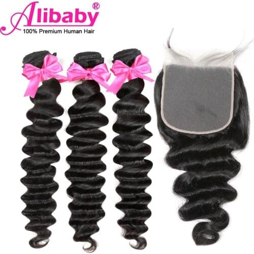 Alibaby Brazilian Loose Deep Wave Bundles With Closure 8"-28" Human Hair Bundles With Closure Natural 3 Bundles With Closure