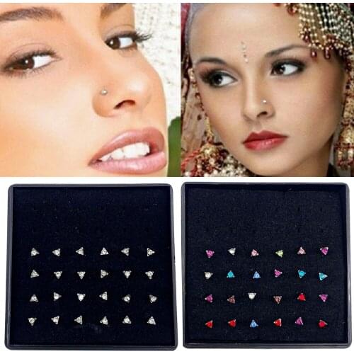 24pcs/Boxed 1.8mm Stainless Steel Triangle Crystal Nose Rings Nose Studs For Women Ear Fashion Body Piercing Jewelry Gift