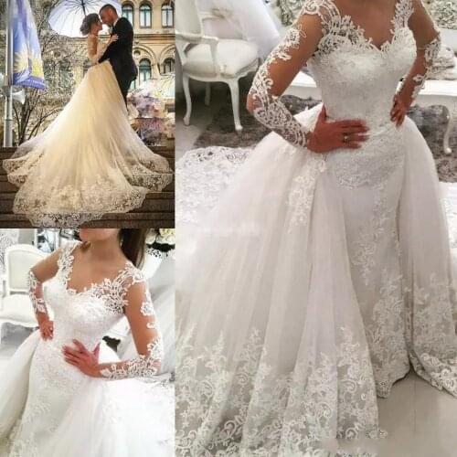 Long Sleeves Wedding Dresses Detachable Train V Neck Crystal Bridal Dress Full Lace Applique Backless Wedding Gowns