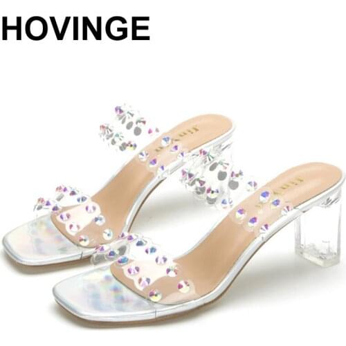 HOVINGE warm clear heel woman slippers outdoor summer Slipppers women Squae toe Pvc Transparent Rivet Cool shoes woman