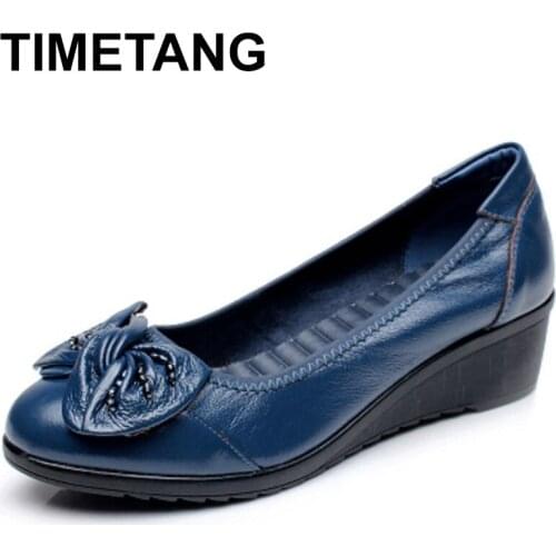 TIMETANG 2021 Spring and autumn single shoes mother slippers soft leather shoes round shallow mouth in the elderly work shoes