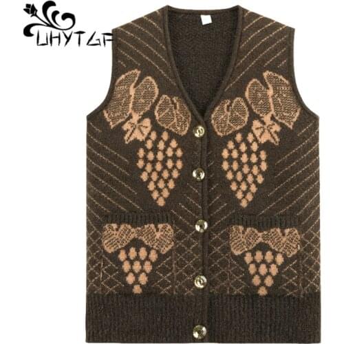 UHYTGF Middle-Aged Elderly Spring Autumn Sweater Vest Womens Sleeveless Jacket Knitted Plus Size Waistcoat Cardigan Female 1229