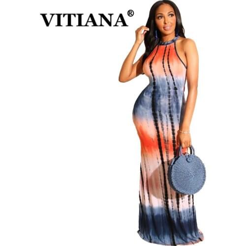VITIANA Women Long Sexy Dress Summer 2019 Female Sleeveless Printing Floor-Length Trumpet Dresses Female Beach Maxi Vestidos