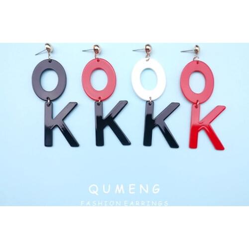 QUMENG 2020 New Korean Fashion Big Ok Letter Earring Punk Simple vintage Acrylic Pendant Long Earrings for Women Office jewelry