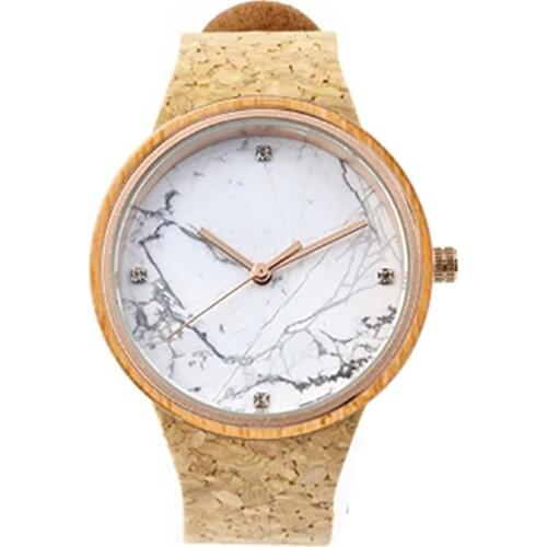 Dropshipping 2020 Personalized Oem Logo Luxury Cork Leather Belt Marble Dial Bamboo Wrist Watch for Women