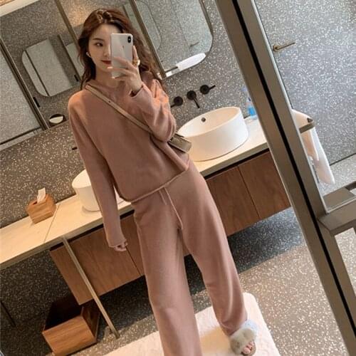 Women High Quality Solid Color Knitted Hoodies Tracksuits 2 Piece Set Autumn Casual Pullover Sweater + High Waist Pants Suits