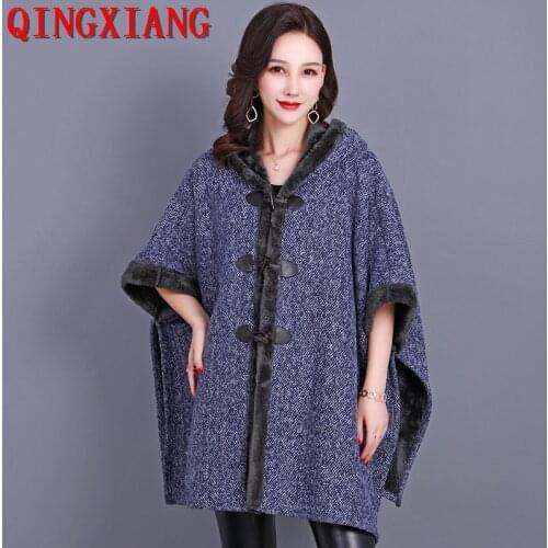 Women Winter Thick Loose Horn Button Poncho With Hat Big Pendulum Capes Plus Size Cloak Black Long Coat With Velvet Lining Warm