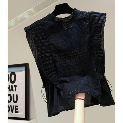 Hollow Embroidered Sleeveless Cotton and Linen Top Women 2021 Summer Korean Style Slim Pleated Stitching Drawstring Waist Blusa