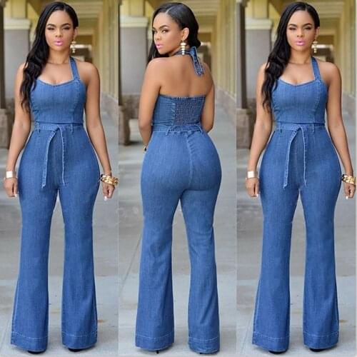 Women 2019 Fashion denim Halter Jumpsuit Backless Sexy bodysuit with Sashes clothing