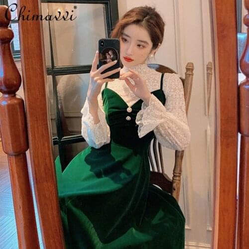 2021 Autumn Women White Lace Long Sleeve Shirts Blouses High Waist Velvet Sweet Suspender Dress Lady Two Pieces Dress Set