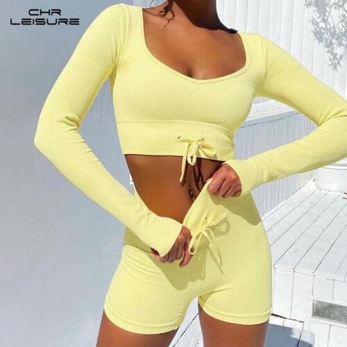 CHRLEISURE Womens Tracksuit Sport Set Women Threaded V-Neck Long-Sleeved Casual Sports Suit Pure Color Shorts Suit Two Piece