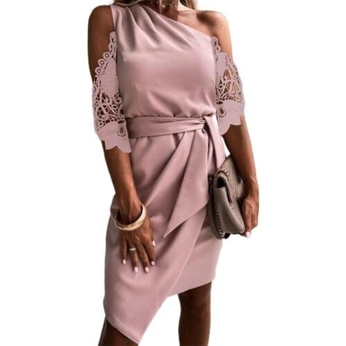New Women Elegant Sloping Shoulder Lace Half Sleeve Off Shoulder Irregular Hem Tie Waist Belt Mini Dress for Beach Streetwear