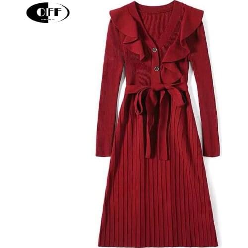 Christmas Women Sweaters Red Dress Elegant Ruffles Slim Long Sleeve Pleated Knitting Vintage Lady Casual Dresses Vestidos Female