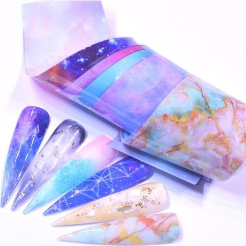 2021 10PCS Nail Foil Sticker Set Holographic Starry Sky Adhesive Wraps Transfer Paper Marble Shining Nail Art Decal Gel Slider