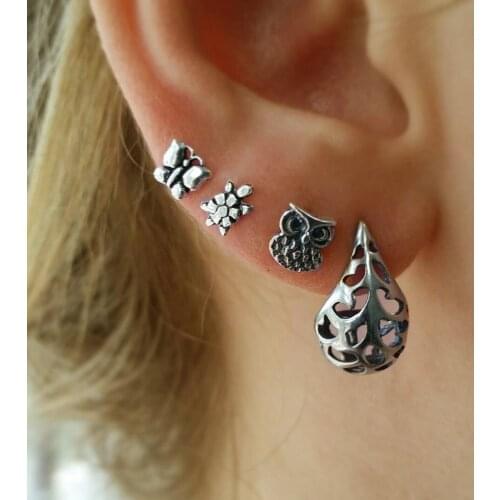 4 Pieces/Set Flowers Stud Earrings Jewelry Turtle Owl Hollow Water Drop Flower Earring Set Women Antique Silver Color Accessory