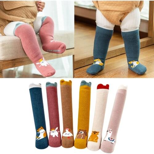 Toddler Kids Baby Girls Stockings Tight Warm Pantyhose Ribbed Candy-Color Cartoon Animals Knee High Antislip Stockings Socks