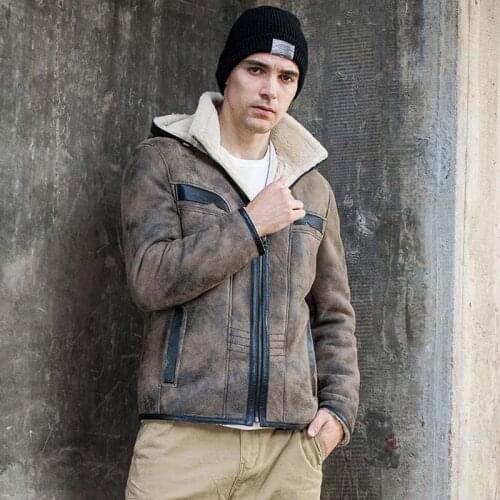 Shearling Coat Mens Fur Overcoat Sheepskin Leather Jacket Hooded Motorcycle Parkas Short Winter Outerwear