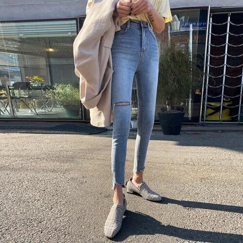 Streetwear Ripped Holes Ladies Skinny Pencil Jeans 2021 Summer High Waist Women Solid Denim Trousers Casual Pantalon WJ310
