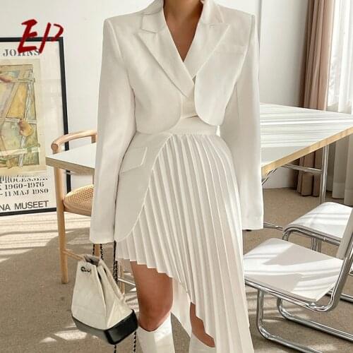 EP 2021 New Arrival Pure Color Women Dress Set Short Style Small Suit High Waist Irregular Skirt
