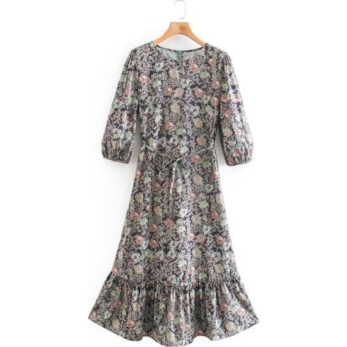 Hot sale ladies flower print dress lace mid-length dress sweet and beautiful mermaid dress