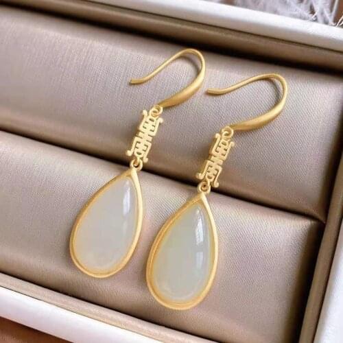 Natural Hetian white jade Drop Earrings Chinese style retro unique gold craft minority design charm womens brand jewelry
