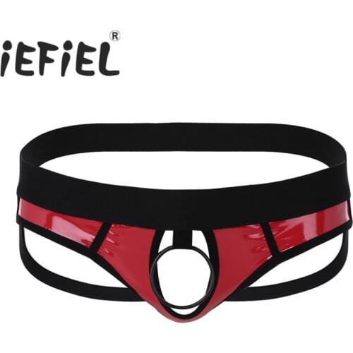 IEFiEL Sexy Faux Leather Men Lingerie Open Back and Hollow Out Jockstrap Low Rise Bikini G-string Underwear with Metal O-Ring