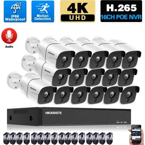 16CH 8MP Ultra HD POE IP Bullet Camera Set Outdoor Audio CCTV Security Vedio Surveillance Camera Sysetm 4K 8CH POE NVR Kit XMEYE