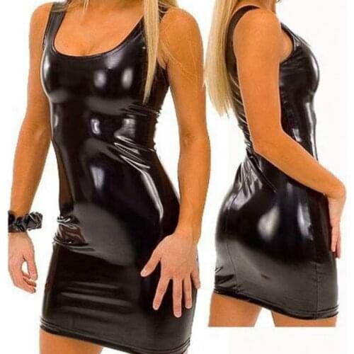New Sexy Women Patent Leather Dresses Sleeveless Crew Neck Mini Dress Party Clubwear Black Plus Size 5XL Vestido